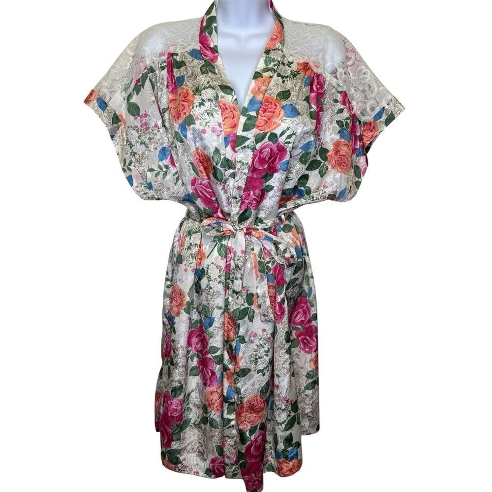 Vintage Cinema Etoile Floral Lace Kimono Robe Matching Sash Pink White Green Med